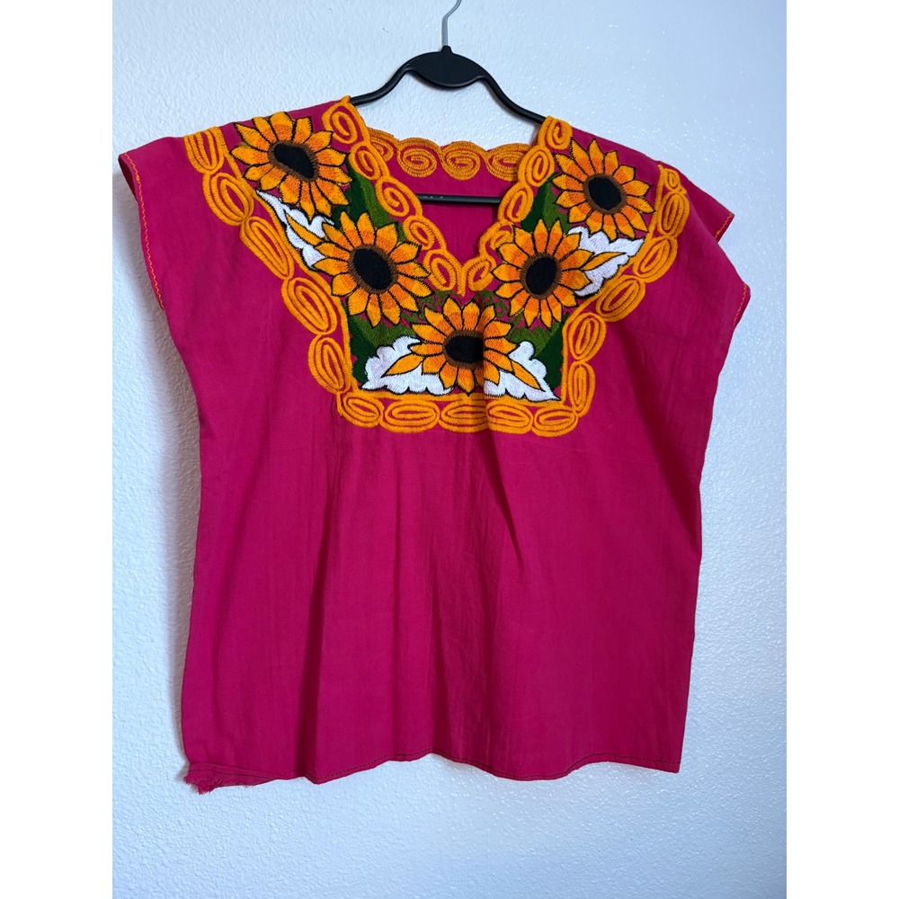 Mexican Embroidered Sunflower Huipil Blouse Hot Pink‎ Floral Boho Top Cap Sleeve